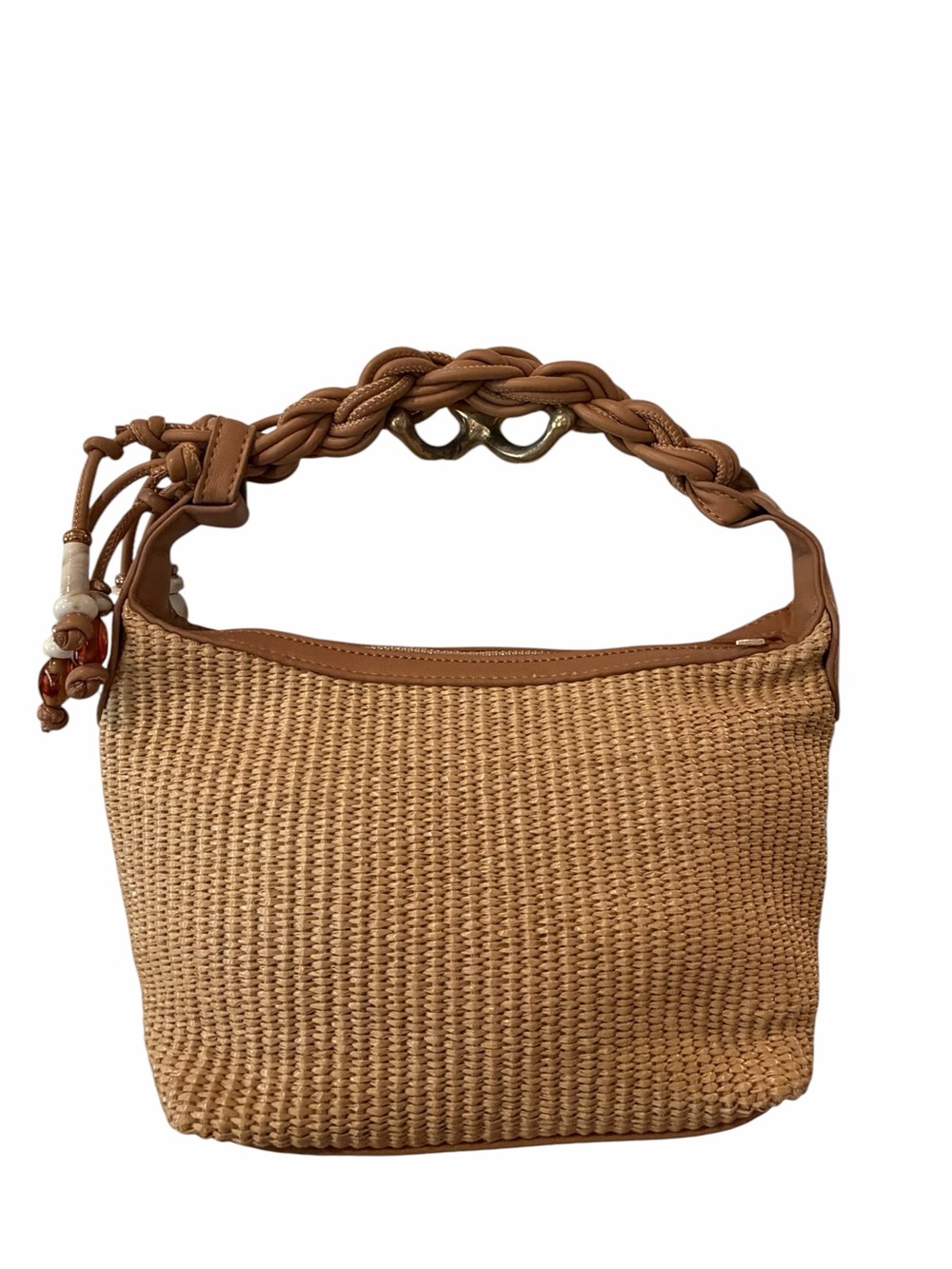 Shiraleah Woven Straw Hobo Shoulder Bag Braided Handle Beaded Tan Boho